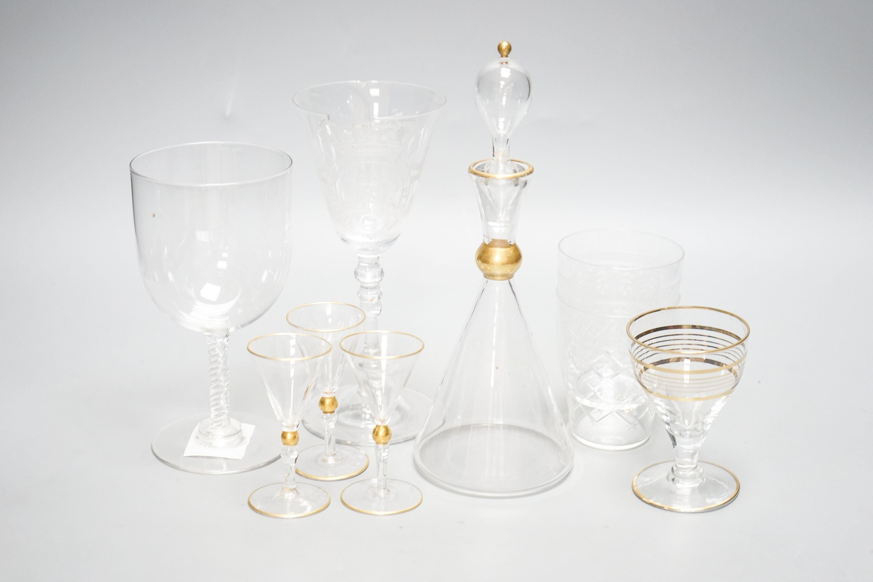 Drinking and other glassware, including an 18th wine glass with an engraved armorial (AF)